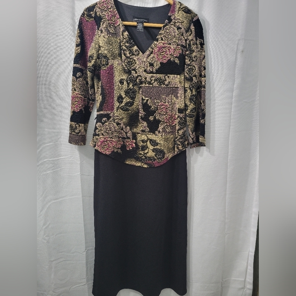Vintage Conncted Apparel 80's Elegant Black and Gold Floral Dress Size 6